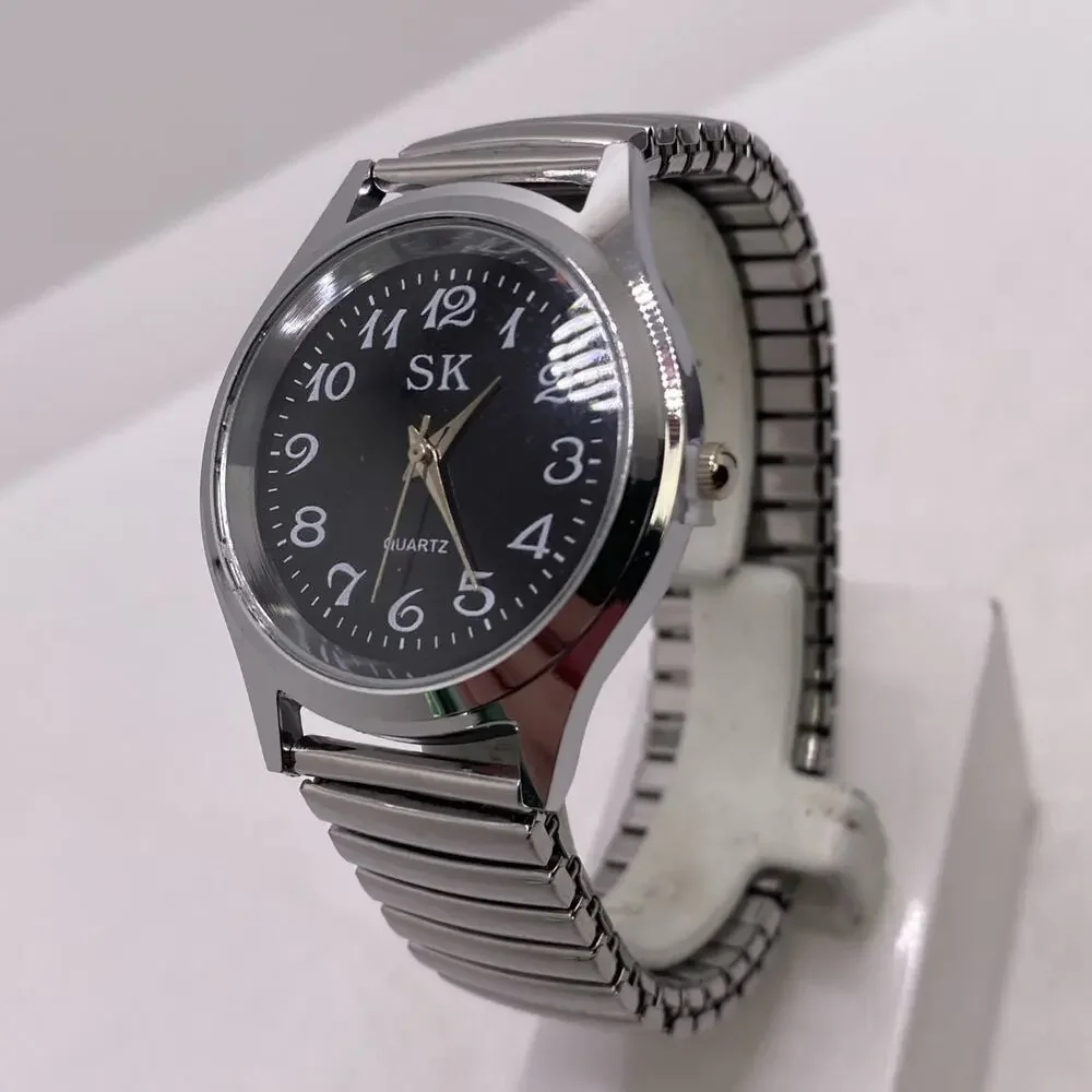 SK Mens Silver Tone Stretch Watch Quartz Works New Battery